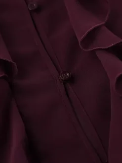 Chemisier en mousseline à volants pour femme haut chic et transparent - Rouge vin rétro victorien à manches évasées - Collection Printemps 2026