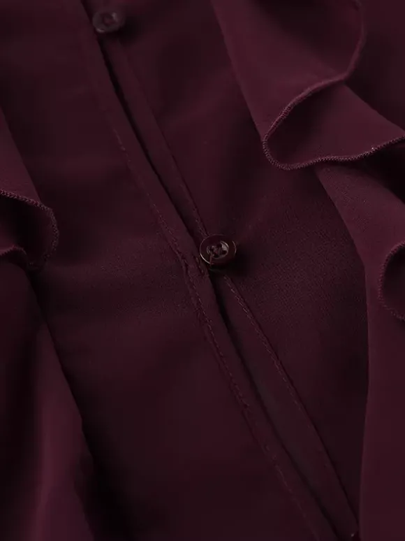 Chemisier en mousseline à volants pour femme haut chic et transparent - Rouge vin rétro victorien à manches évasées - Collection Printemps 2026