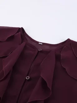 Chemisier en mousseline à volants pour femme haut chic et transparent - Rouge vin rétro victorien à manches évasées - Collection Printemps 2026