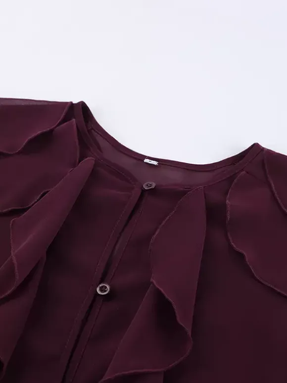 Chemisier en mousseline à volants pour femme haut chic et transparent - Rouge vin rétro victorien à manches évasées - Collection Printemps 2026