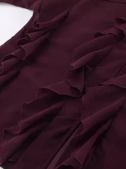 Chemisier en mousseline à volants pour femme haut chic et transparent - Rouge vin rétro victorien à manches évasées - Collection Printemps 2026
