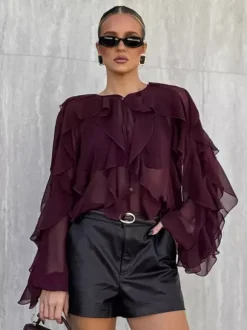Chemisier en mousseline à volants pour femme haut chic et transparent - Rouge vin rétro victorien à manches évasées - Collection Printemps 2026