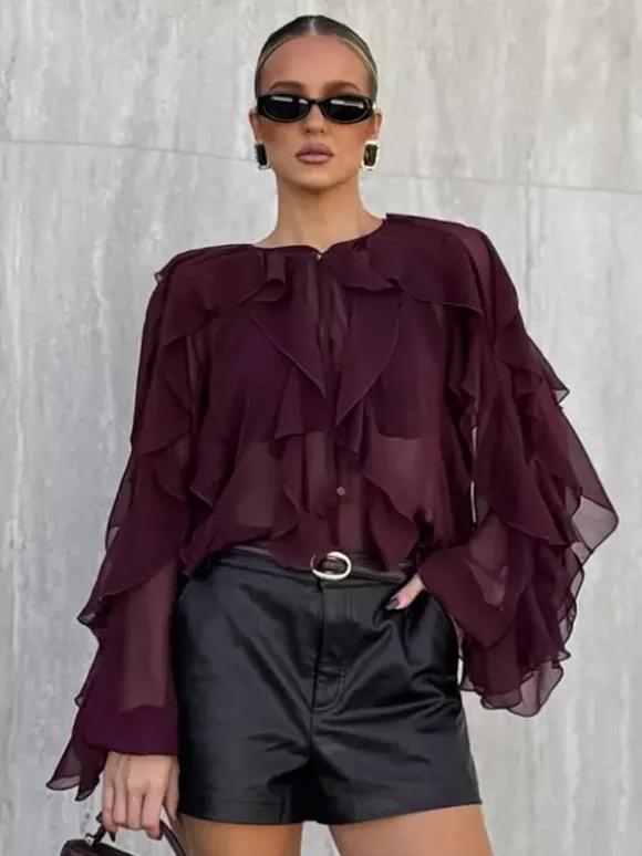 Chemisier en mousseline à volants pour femme haut chic et transparent - Rouge vin rétro victorien à manches évasées - Collection Printemps 2026