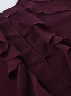 Chemisier en mousseline à volants pour femme haut chic et transparent - Rouge vin rétro victorien à manches évasées - Collection Printemps 2026