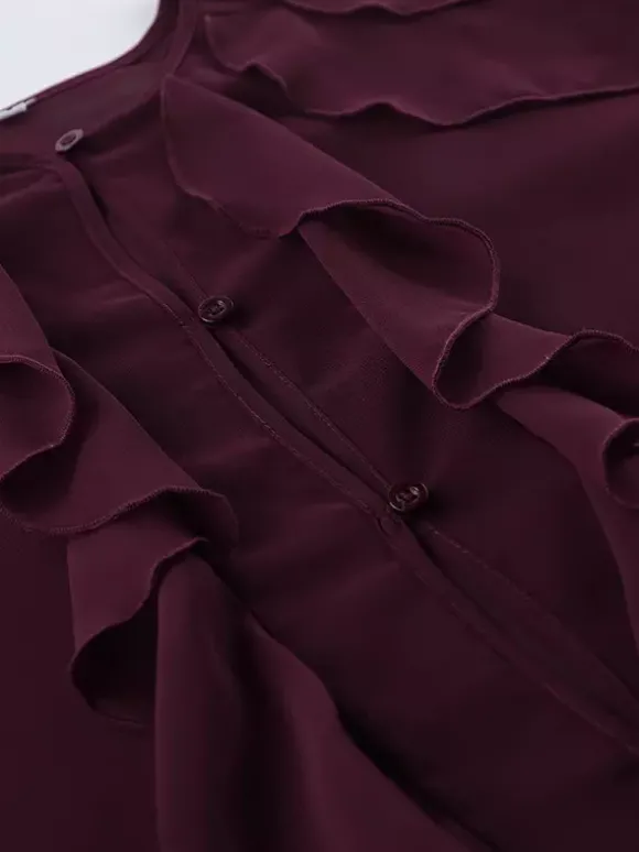 Chemisier en mousseline à volants pour femme haut chic et transparent - Rouge vin rétro victorien à manches évasées - Collection Printemps 2026