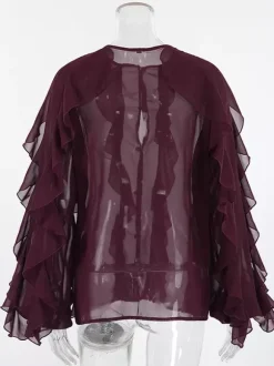 Chemisier en mousseline à volants pour femme haut chic et transparent - Rouge vin rétro victorien à manches évasées - Collection Printemps 2026