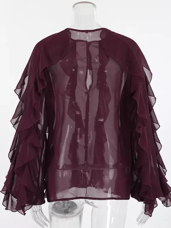 Chemisier en mousseline à volants pour femme haut chic et transparent - Rouge vin rétro victorien à manches évasées - Collection Printemps 2026