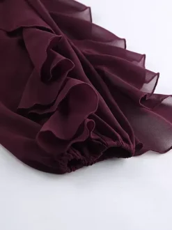 Chemisier en mousseline à volants pour femme haut chic et transparent - Rouge vin rétro victorien à manches évasées - Collection Printemps 2026