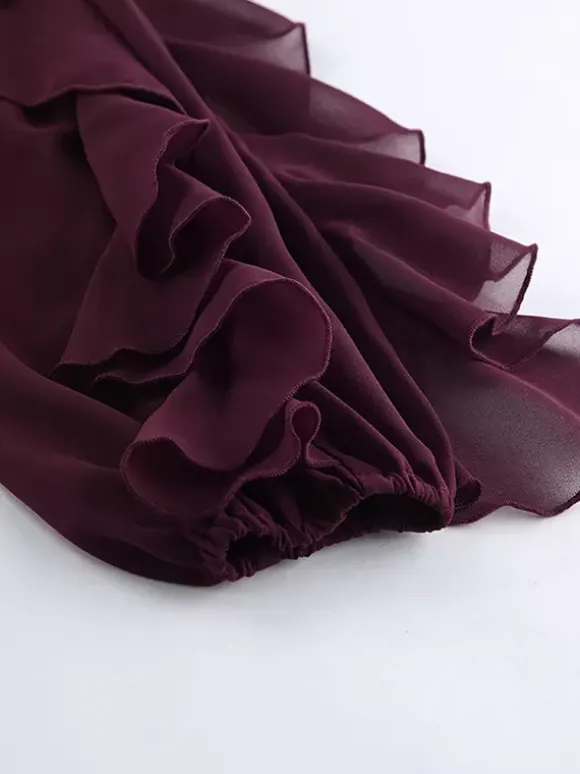 Chemisier en mousseline à volants pour femme haut chic et transparent - Rouge vin rétro victorien à manches évasées - Collection Printemps 2026