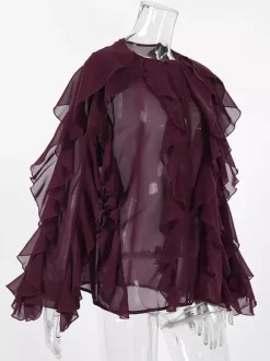 Chemisier en mousseline à volants pour femme haut chic et transparent - Rouge vin rétro victorien à manches évasées - Collection Printemps 2026
