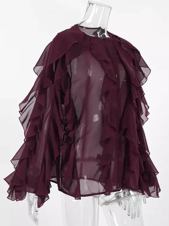 Chemisier en mousseline à volants pour femme haut chic et transparent - Rouge vin rétro victorien à manches évasées - Collection Printemps 2026