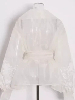 Chemisier en organza brodé à manches bouffantes pour femme - Chemise portefeuille transparente abricot bohème à nouer à la taille - Garden Party d'été 2026