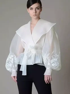 Chemisier en organza brodé à manches bouffantes pour femme - Chemise portefeuille transparente abricot bohème à nouer à la taille - Garden Party d'été 2026