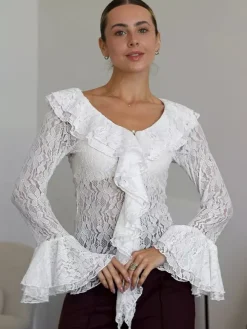 Chemisier femme en dentelle florale blanche - Haut élégant à volants et manches évasées - Collection Coquette Fairycore Printemps Soirée Clubwear 2026