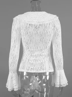 Chemisier femme en dentelle florale blanche - Haut élégant à volants et manches évasées - Collection Coquette Fairycore Printemps Soirée Clubwear 2026