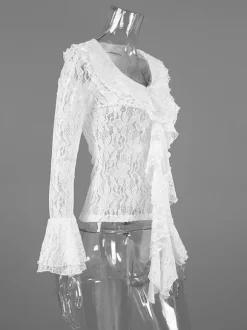 Chemisier femme en dentelle florale blanche - Haut élégant à volants et manches évasées - Collection Coquette Fairycore Printemps Soirée Clubwear 2026