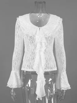 Chemisier femme en dentelle florale blanche - Haut élégant à volants et manches évasées - Collection Coquette Fairycore Printemps Soirée Clubwear 2026