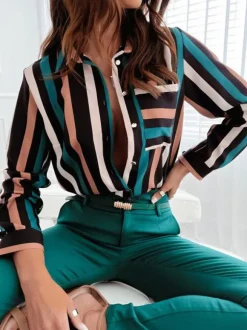 Chemisier Femme Vert Foncé Col V Décontracté Bloc de Couleur Manches Longues Tops