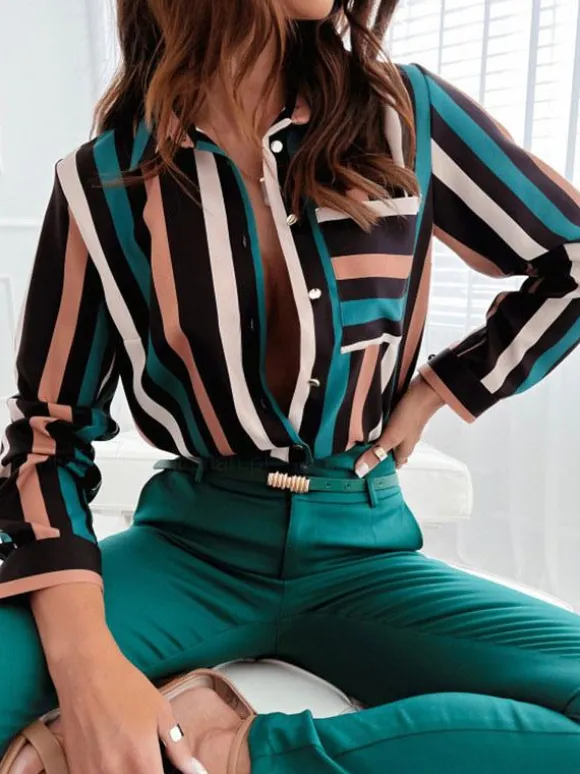 Chemisier Femme Vert Foncé Col V Décontracté Bloc de Couleur Manches Longues Tops
