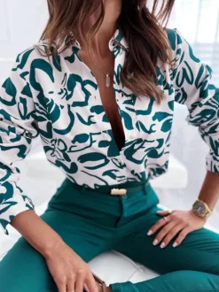 Chemisier Femme Vert Foncé Col V Décontracté Bloc de Couleur Manches Longues Tops