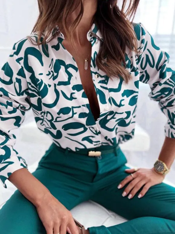 Chemisier Femme Vert Foncé Col V Décontracté Bloc de Couleur Manches Longues Tops