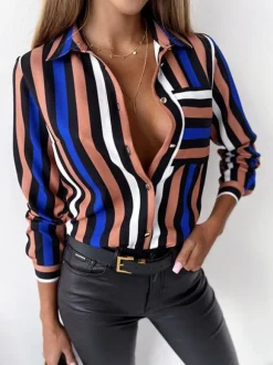 Chemisier Femme Vert Foncé Col V Décontracté Bloc de Couleur Manches Longues Tops
