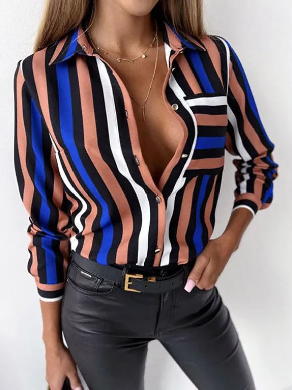 Chemisier Femme Vert Foncé Col V Décontracté Bloc de Couleur Manches Longues Tops