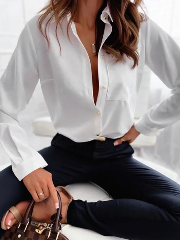 Chemisier Femme Vert Foncé Col V Décontracté Bloc de Couleur Manches Longues Tops