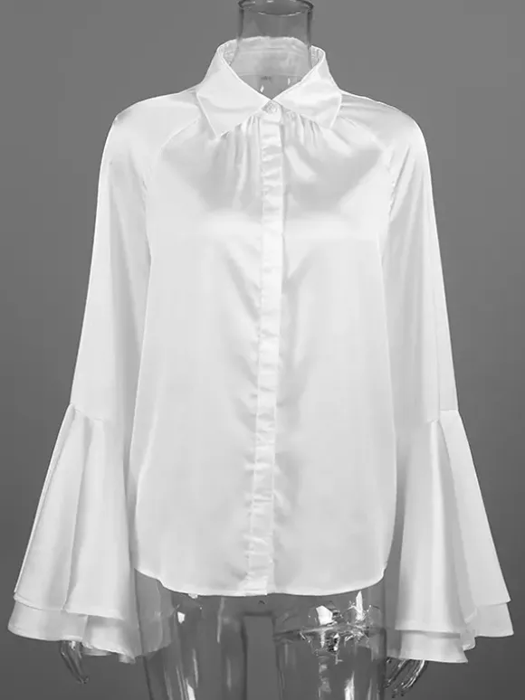 Chemisier élégant à manches cloche en satin pour femme - Blanc soyeux poignets évasés fermeture boutonnée - Printemps 2026