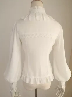 Chemisier Lolita en mousseline de soie blanc Manches longues Gigot Volants Col montant