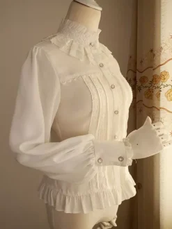 Chemisier Lolita en mousseline de soie blanc Manches longues Gigot Volants Col montant