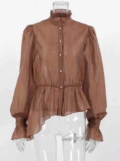Chemisier marron à col montant pour femme style décontracté boutons en dentelle manches longues.