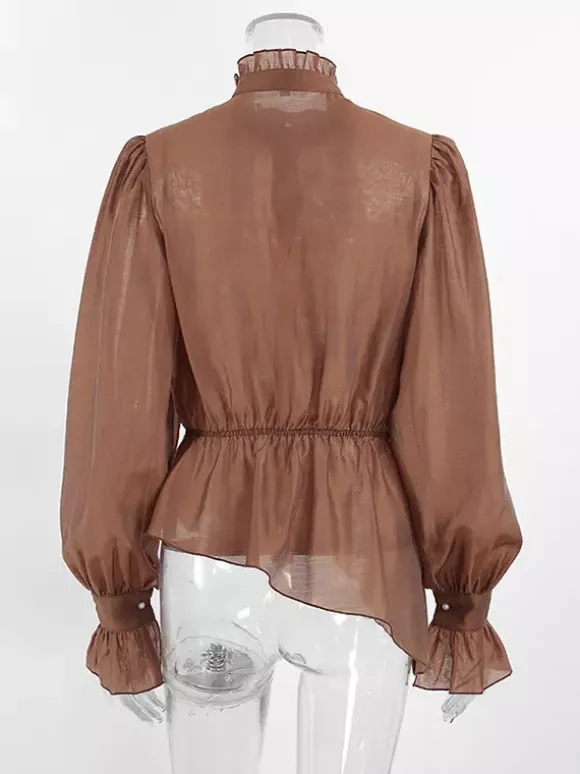 Chemisier marron à col montant pour femme style décontracté boutons en dentelle manches longues.