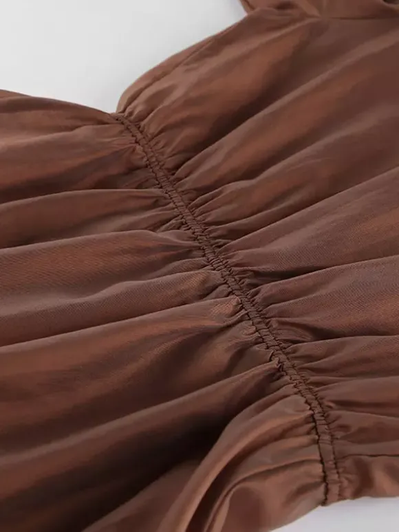 Chemisier marron à col montant pour femme style décontracté boutons en dentelle manches longues.