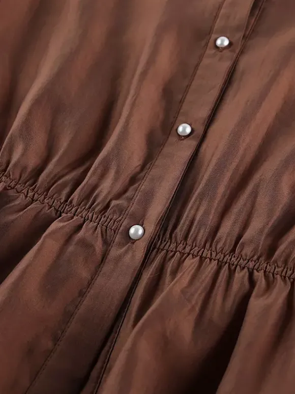 Chemisier marron à col montant pour femme style décontracté boutons en dentelle manches longues.
