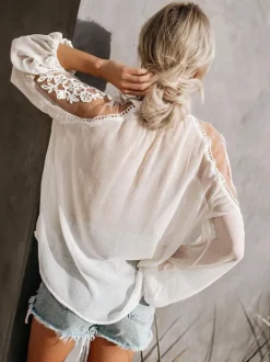 Chemisier Pour Femme Blanc Fleurs Transparentes Brodées Bohème Manches Longues Tops