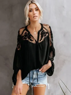 Chemisier Pour Femme Blanc Fleurs Transparentes Brodées Bohème Manches Longues Tops