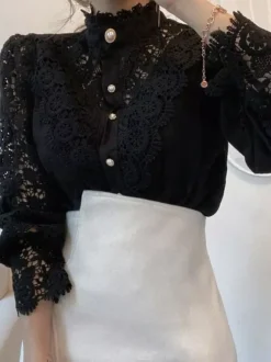 Chemisier Pour Femme Rose Dentelle Découpé Col Haut Décontracté Manches Longues Dentelle Tops