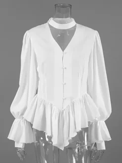 Chemisier péplum blanc élégant pour femme - Col V dos nu manches lanternes coupe ajustée - Idéal pour le printemps et le soir (2026)