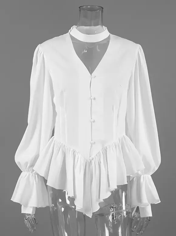 Chemisier péplum blanc élégant pour femme - Col V dos nu manches lanternes coupe ajustée - Idéal pour le printemps et le soir (2026)