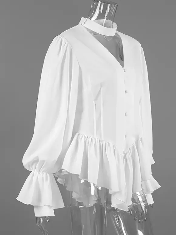Chemisier péplum blanc élégant pour femme - Col V dos nu manches lanternes coupe ajustée - Idéal pour le printemps et le soir (2026)