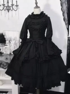 Chemisiers gothiques Lolita Haut Lolita noir à manches longues Volants N艙uds Chemise Lolita jacquard