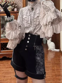 Chemisiers gothiques Lolita haut Lolita abricot manches longues volants en dentelle imprimé floral chemise Ouji Lolita