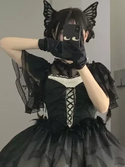 Chemisiers Gothiques Lolita Chemise Noire À Manches Courtes Volants En Dentelle Vintage