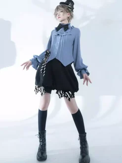 Chemisiers gothiques Lolita Chemisier à manches longues avec n艙uds Haut Lolita Chemise Lolita bleu ciel clair