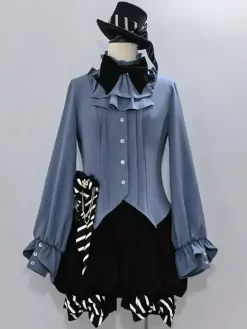 Chemisiers gothiques Lolita Chemisier à manches longues avec n艙uds Haut Lolita Chemise Lolita bleu ciel clair
