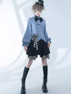 Chemisiers gothiques Lolita Chemisier à manches longues avec n艙uds Haut Lolita Chemise Lolita bleu ciel clair