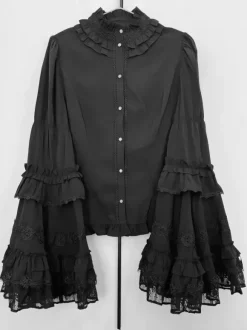 Chemisiers gothiques Lolita noirs à manches longues haut Lolita à volants et dentelle
