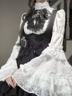 Chemisiers gothiques Lolita noirs à manches longues haut Lolita à volants et dentelle