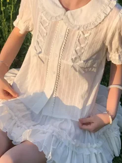 Chemisiers Lolita doux Haut Lolita Écru Blanc Manches courtes N艙uds Volants Chemise Lolita